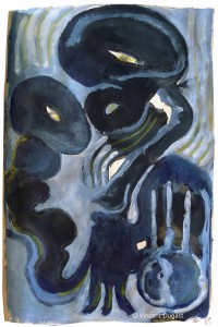 Vincent Dugast, "Duel de Monstres Bleus," 2013, pigments, encre de chine, café. 19 x 29,5 cm